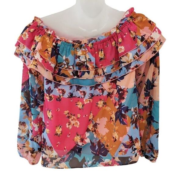 Bar III Off The Shoulder Blouse Top Women's SMALL Pink Blue White Floral Ruffles - Picture 3 of 11